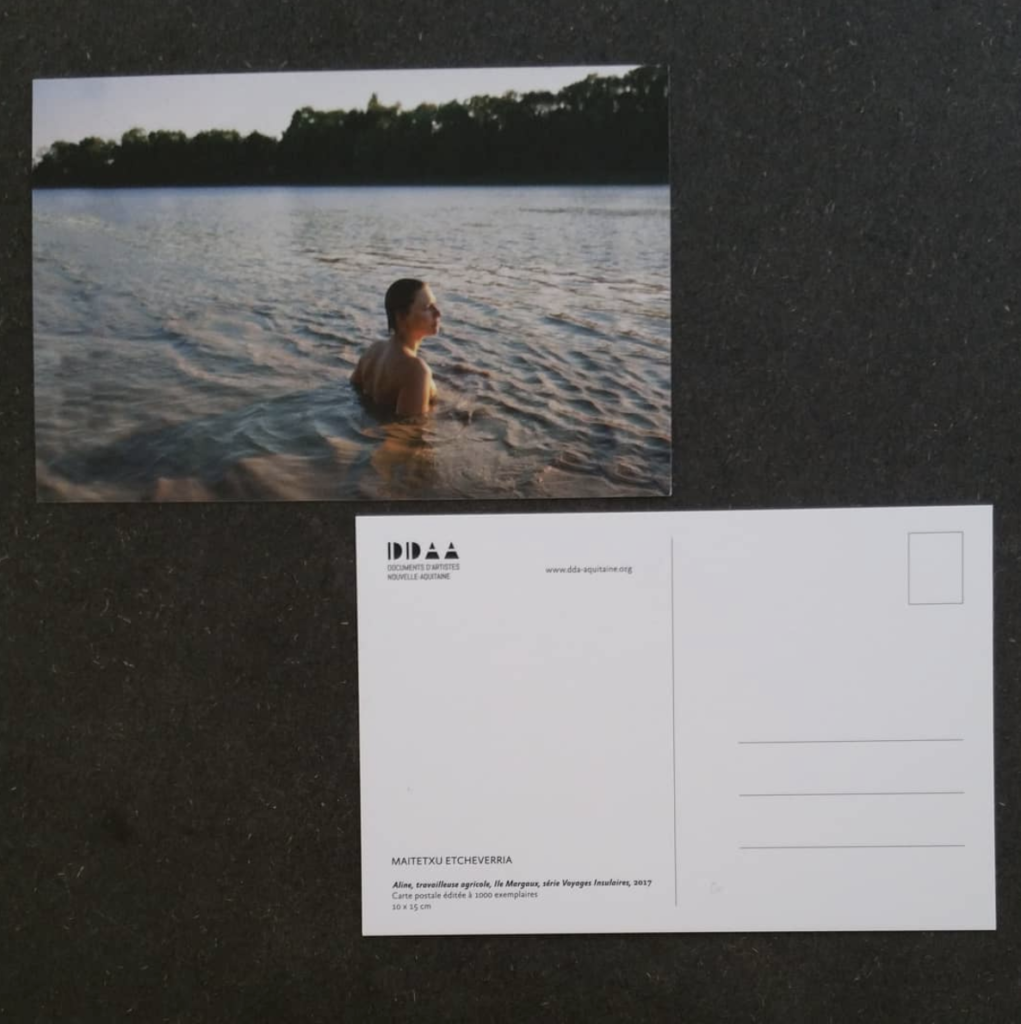 Postcard  edition -  Maitetxu Etcheverria, Aline, farm worker, Margaux's Island, Insular Travel Series, 2017