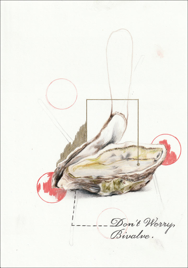 Don’t worry bivalve, 2021, technique mixte sur papier, 29,7 x 21 cm